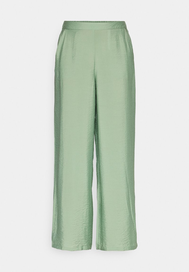 Pantalon à taille haute et jambes larges vert clair avec un léger éclat et des poches sur les coutures latérales, présenté sur fond blanc.