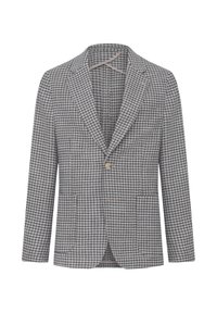 Blazer i hundetand-mønster i grå og blå. Har en hakket revers, enkelt knaplukning og to frontlommer. Materialet er en bomuldsblanding.