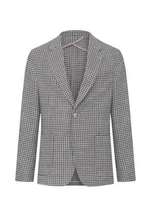 Grau-blauer Blazer mit Hahnentritt-Muster. Verfügt über einen klassisch geschnittenen Reverskragen, einen Knopfverschluss und zwei Fronttaschen. Aus Baumwollmischung.