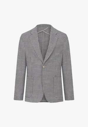 Sacou cu model houndstooth în nuanțe de gri și albastru. Dispune de rever cu colțuri, închidere cu un singur nasture și două buzunare frontale. Material din amestec de bumbac.