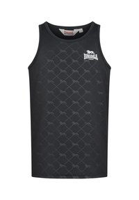 Črn tank top s diamantnim vzorcem in subtilnimi grafičnimi elementi leva; Lonsdale logotip v beli barvi na levem prsnem delu; narejen iz zračnega materiala.