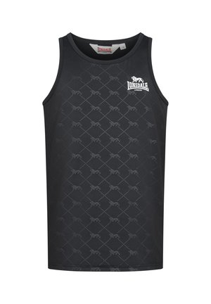 Čierny top bez rukávov s diamantovým vzorom a jemnými grafikami leva; logo Lonsdale v bielej farbe na ľavej strane hrudníka; vyrobené z priedušného materiálu.