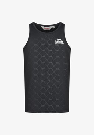 Juoda liemenėle su deimanto raštu, subtiliais liūto grafikos elementais; balta Lonsdale logotipas kairėje krūtinės pusėje; pagaminta iš kvėpuojančios medžiagos.