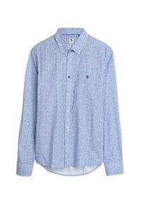 Lichtblauwe button-up shirt met een geometrisch patroon, lange mouwen en een ronde zoom. Heeft een klein logo op de borst en een standaard kraag.