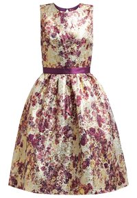 Hihaton polvipituinen mekko, jossa violetti, kulta ja kerma kukkakuosi, vartalonmyötäinen vyötärö violettisella satiinivyöllä ja laskostettu hame.