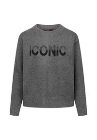 Grijze gebreide trui met lange mouwen en een ronde hals. Zwarte "ICONIC" tekst is prominent weergegeven op de voorkant.