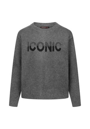 Grijze gebreide trui met lange mouwen en een ronde hals. Zwarte "ICONIC" tekst is prominent weergegeven op de voorkant.