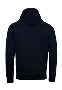 Sudadera azul marino con capucha ajustable, mangas largas y puños acanalados. Textura suave sin patrones o elementos metálicos visibles.