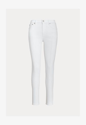 Jean skinny en denim blanc à taille haute, doté de cinq poches, d'accents en métal et d'une texture de tissu lisse et extensible.