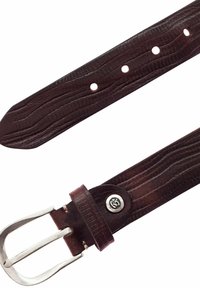 Brown leather belt with a textured finish and silver metal buckle. Features multiple holes for adjustment and a button accent near the buckle.