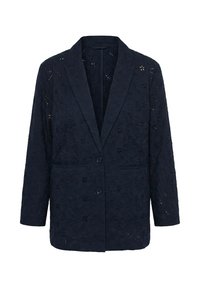 Tmavě modrý blejzr s květinovým krajkovým vzorem, dvěma knoflíky, dlouhými rukávy a klopovým límcem s výřezem.