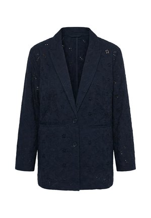 Marineblå blazer med blomstret blondermønster, to knapper, lange ærmer og revers med hak.