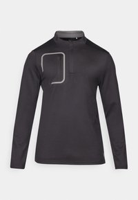Schwarzes Pullover-Shirt mit langen Ärmeln und halber Reißverschlusskragen, ausgestattet mit einer Reißverschlusstasche und grauen Akzentlinien. Glatter, leichter Stoff.