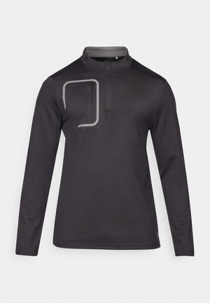 Long-sleeve black pullover shirt with a half-zip neck, featuring a zippered pocket and gray accent lines. Smooth, lightweight fabric.