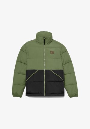 Puffer jacket with a half green and half black design. Features a high collar, zip closure, and front pockets, with a textured finish.
