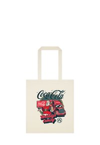 Torba na zakupy z płótna, w kolorze kremowym, z ilustracją czerwonej ciężarówki Coca-Coli z Mikołajem, z napisem "Święta nadchodzą."