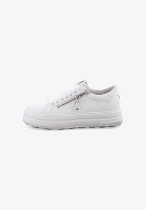 White sneaker with a smooth leather upper, round toe, lace-up front, and a side zipper. Features a thick, cushioned sole for comfort.