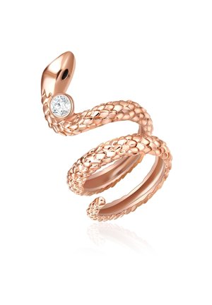 Anillo de serpiente en oro rosa con escamas texturizadas, diseño enroscado y un solo diamante redondo como acento cerca de la cabeza. Banda interior lisa.
