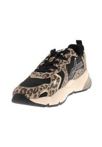 Scarpa da ginnastica con stampa leopardata, dettagli neri, design con lacci, collo imbottito e suola testurizzata per maggiore aderenza; leggera, realizzata con materiali sintetici.