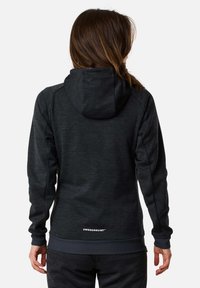 Dark gray hoodie made from textured fabric with a hood, fitted design, ribbed cuffs and hem, featuring a logo on the lower back.