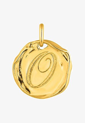 Colgante de oro con forma irregular y texturizada, que cuenta con un diseño de espiral grabado. Incluye un lazo para su sujeción.