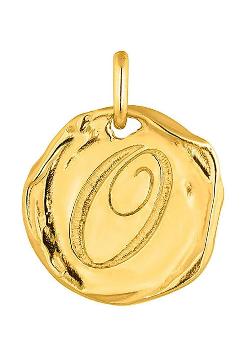 Colgante de oro con forma irregular y texturizada, que cuenta con un diseño de espiral grabado. Incluye un lazo para su sujeción.