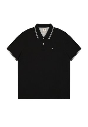 Czarny polo wykonany z bawełny. Ma dwuknapowy zamek oraz kontrastowe białe paski na kołnierzyku i mankietach. Małe logo na klatce piersiowej.