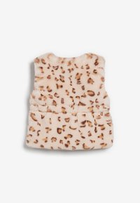 Faux furväst med en mjuk, beige textur som har ett prickigt mönster i brunt. Ärmlös med en samla midjedetalj på baksidan.