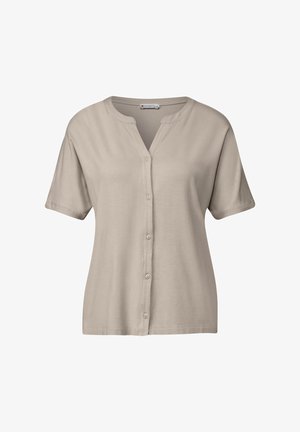 Beiges Kurzarmhemd mit V-Ausschnitt, Knopfleiste und glatter Textur. Verfügt über dezente Nähte und ein lockeres Design.