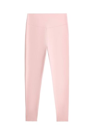 Hellrosa nahtlose Leggings mit hoher Taille, glattem Bund und schlanker Passform in voller Länge.