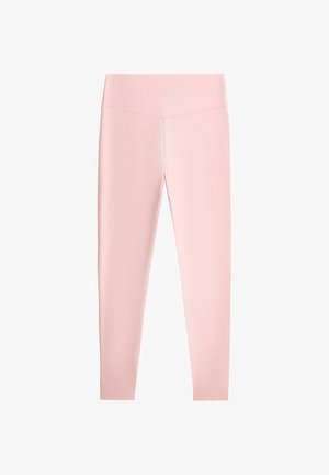 Hellrosa nahtlose Leggings mit hoher Taille, glattem Bund und schlanker Passform in voller Länge.