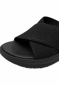 Zwarte slide sandalen met een textuur, kruispatroon bovenwerk, een comfortabele voetbed en een duurzame rubberen zool met een lichte kromming.