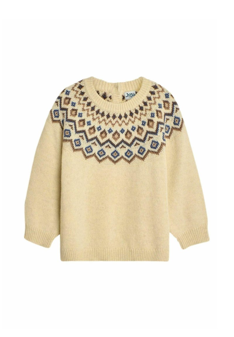 Beiger Strickpullover mit Rundhalsausschnitt, der ein mehrfarbiges geometrisches Muster in Blau, Braun und Creme am Schulterbereich aufweist. Lange Ärmel, gerippte Bündchen.