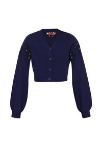 Cardigan cropped blu navy in tessuto lavorato a maglia. Presenta un colletto a V, quattro bottoni e dettaglio con lacci e occhielli in metallo sulle maniche.