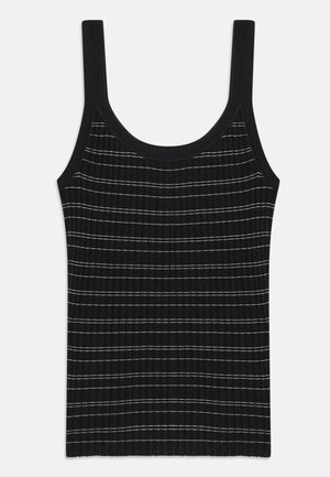 Melnā ribotā topa ar plānām baltām svītrām, ar apaļu izgriezumu un platām plecu siksnām. Gluda tekstūra, pieguloša forma.