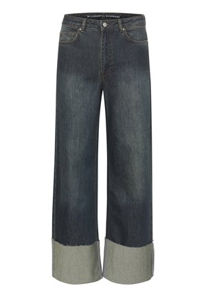 Pantalones vaqueros de pierna ancha hechos de denim oscuro, con un dobladillo sin rematar de contraste en denim más claro, diseño de cinco bolsillos y una cinturilla ajustada.