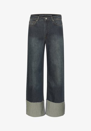 Wide-leg jeans made of dark denim, featuring a raw hem with a lighter denim contrast, five-pocket design, and a fitted waistband.