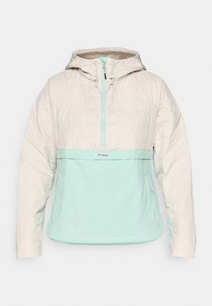 Leichte Steppjacke mit einem cremefarbenen oberen Abschnitt und einem mintgrünen unteren Teil. Sie verfügt über eine Kapuze, einen halben Reißverschluss vorne und eine gesteppten Textur.