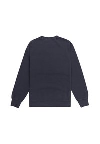 Felpa navy con maniche lunghe, colletto e polsini a coste, caratterizzata da una texture morbida e un design semplice e pulito.