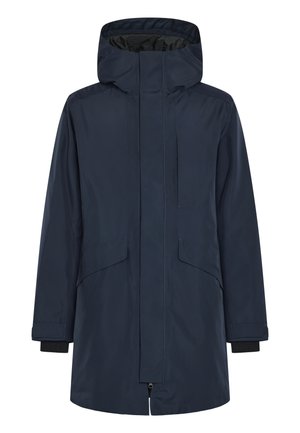 Parka imperméable bleu marine avec capuche, fermeture éclair et deux poches avant. Présente des poignets élastiques et un ourlet légèrement arrondi.