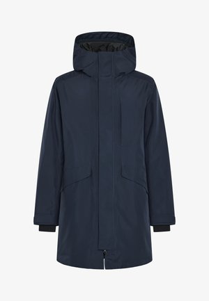 Parka imperméable bleu marine avec capuche, fermeture éclair et deux poches avant. Présente des poignets élastiques et un ourlet légèrement arrondi.