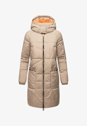 Beige padded coat with a hood, front zipper, and two side pockets. Features an orange lining and geometric stitching patterns.