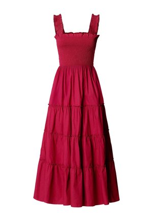 Mouwloze rode midi-jurk met gerimpelde vierkante halslijn, gerimpelde bandjes en gelaagde geplooide rokslagen.