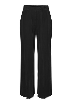 Pantalon large noir plissé avec une ceinture élastique. Le tissu a une texture lisse et un design fluide, s'étendant jusqu'aux chevilles.