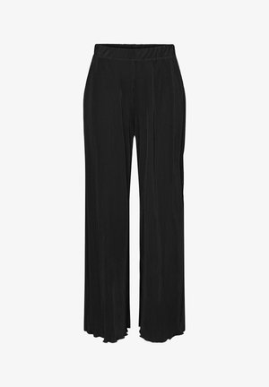 Pantaloni neri a gamba larga con pieghe, dotati di una fascia elastica in vita. Il tessuto ha una consistenza liscia e un design fluente che arriva fino alle caviglie.