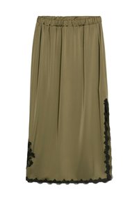 Gonna midi verde oliva con cintura elastica, caratterizzata da un bordo in pizzo nero lungo l'orlo e il lato, realizzata in un tessuto leggero e morbido.