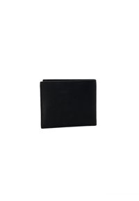 Portafoglio in pelle nera con superficie texturizzata, forma rettangolare slim e design minimalista. Presenta una piega per riporre carte e contante.