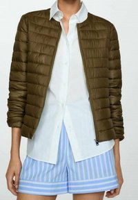 Giubbotto trapuntato verde oliva con scollatura rotonda, zip frontale e polsini a coste, abbinato a una camicia bianca con bottoni e pantaloni corti a righe blu.