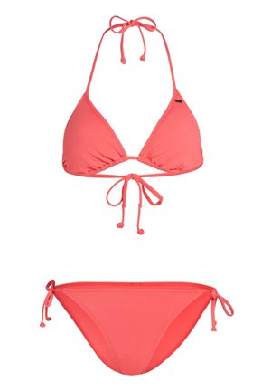 Korallin värinen bikinit setti sisältää kolmion muotoisen yläosan, jossa on solmittava kaula- ja selkäosa, sekä vastaavat säädettävät alaosat; valmistettu sileästä, joustavasta kankaasta.