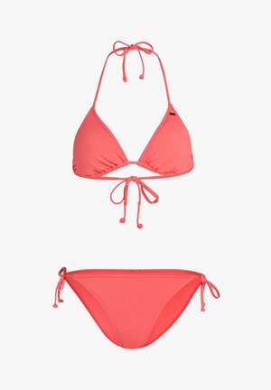 Korallin värinen bikinit setti sisältää kolmion muotoisen yläosan, jossa on solmittava kaula- ja selkäosa, sekä vastaavat säädettävät alaosat; valmistettu sileästä, joustavasta kankaasta.